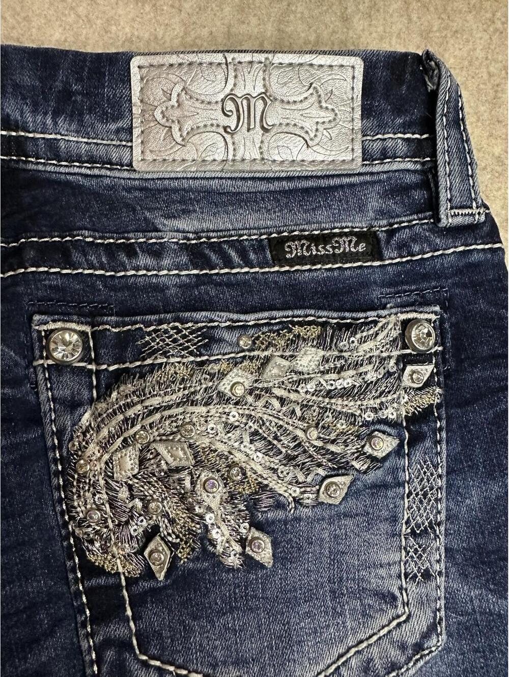 Miss Me Jeans Mid-Rise Cropped Wings Embellished Rhinestones Blue Size 27